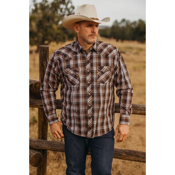 Vintage ELY CATTLEMAN Brown Plaid Pearl Snap Button Up Shirt Top  Mens Size 3XL - Picture 1 of 9